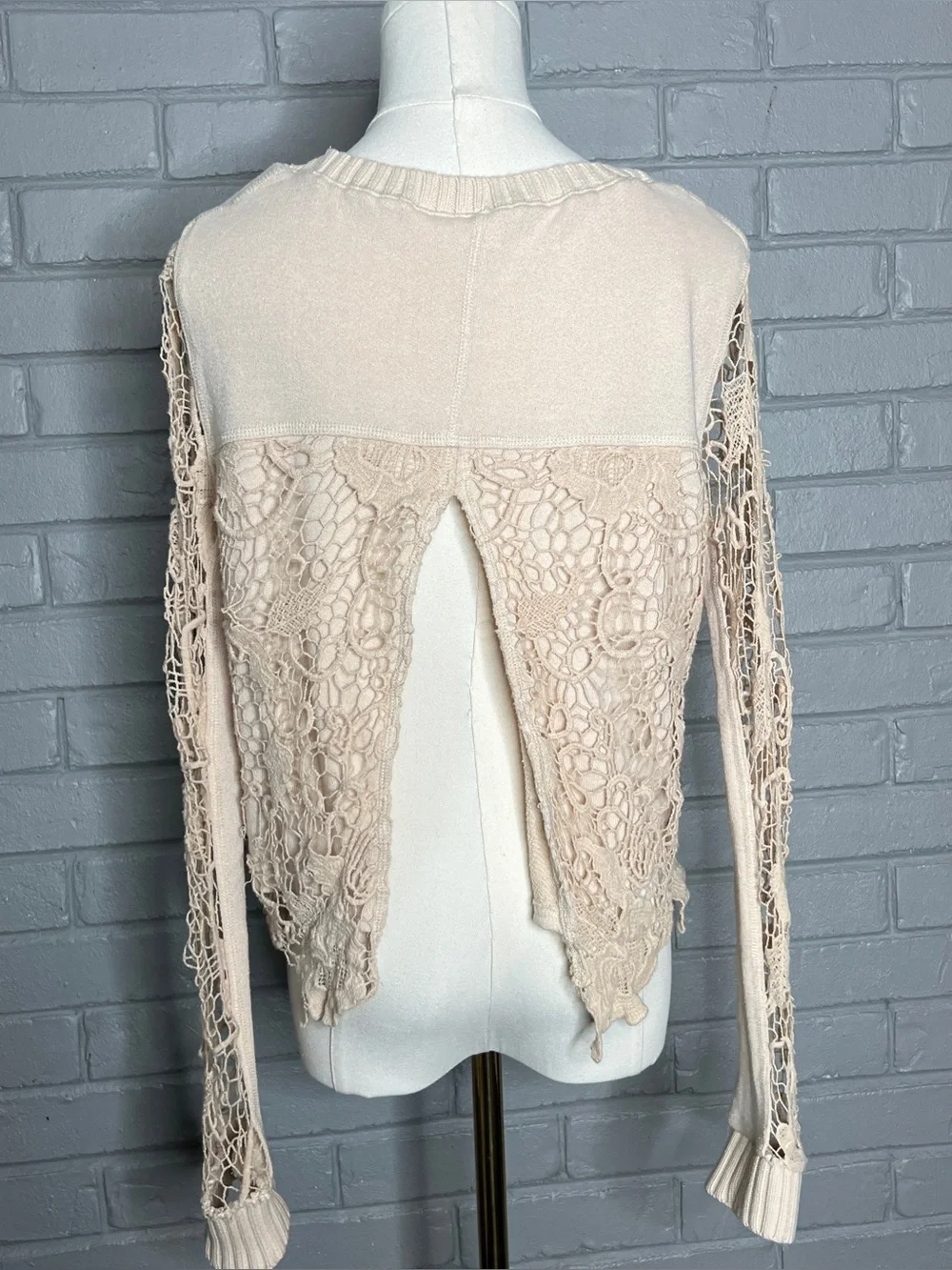 Free People Pretty Rad Champagne Crochet Open Back Lace Long-Sleeve Top - XS